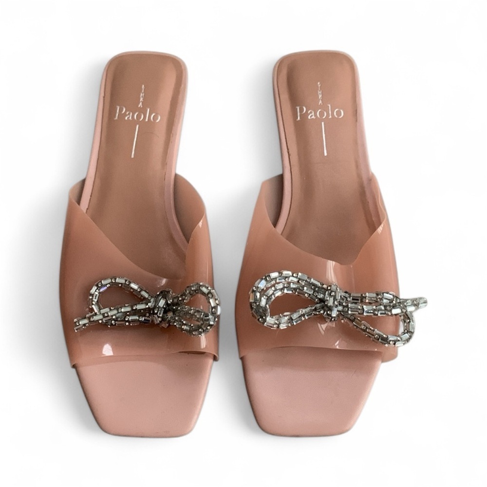 Línea Paolo Leigh Blush Pink Slide Sandals with Embellished Jewel Bow